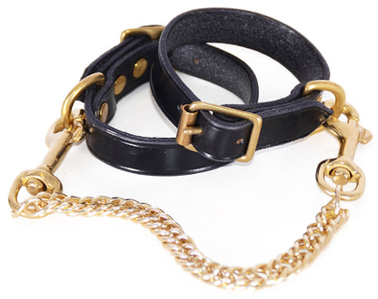 Leather luxury handcuffs with gold chain